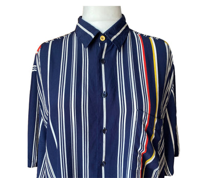 80s dark blue silk striped abstract patterned shirt. Approx UK size 16-22 (w) L-XL (m)
