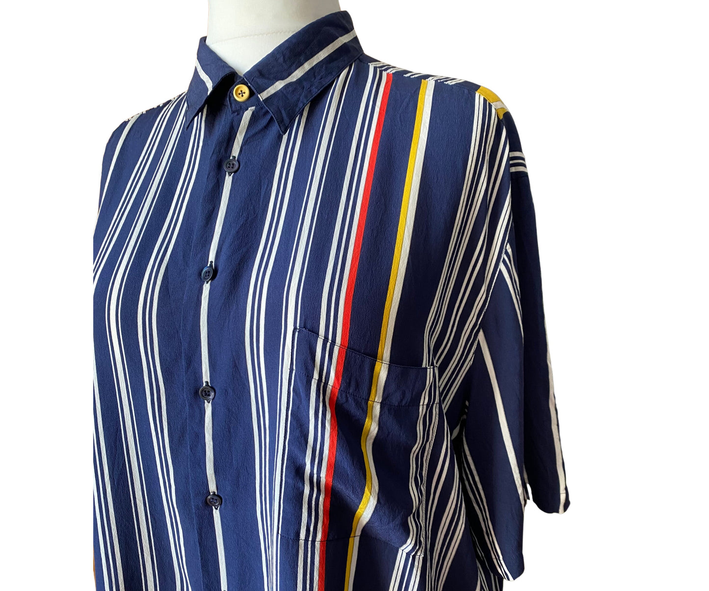 80s dark blue silk striped abstract patterned shirt. Approx UK size 16-22 (w) L-XL (m)