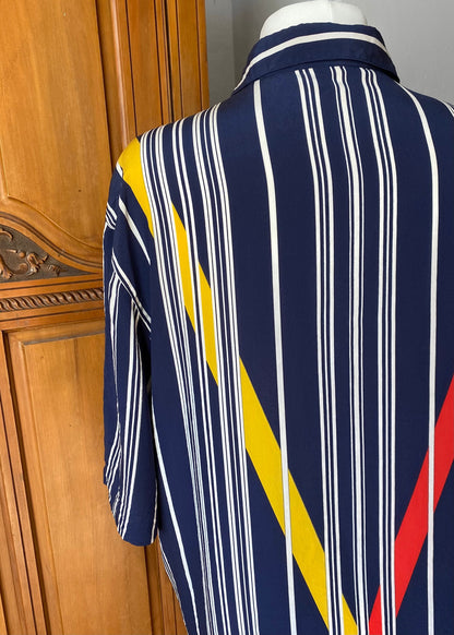 80s dark blue silk striped abstract patterned shirt. Approx UK size 16-22 (w) L-XL (m)