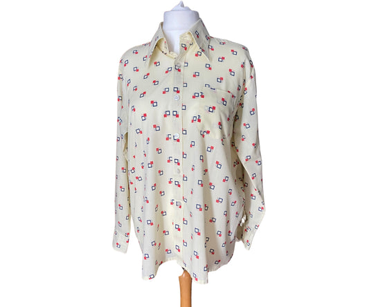 Cream 70s shirt with blue and red geometric print and dagger collar 