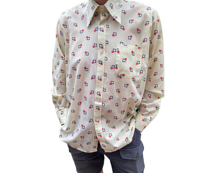 70s cream, red and blue geometric print shirt. Approx  UK size 16-22 (w) L-XL (m)