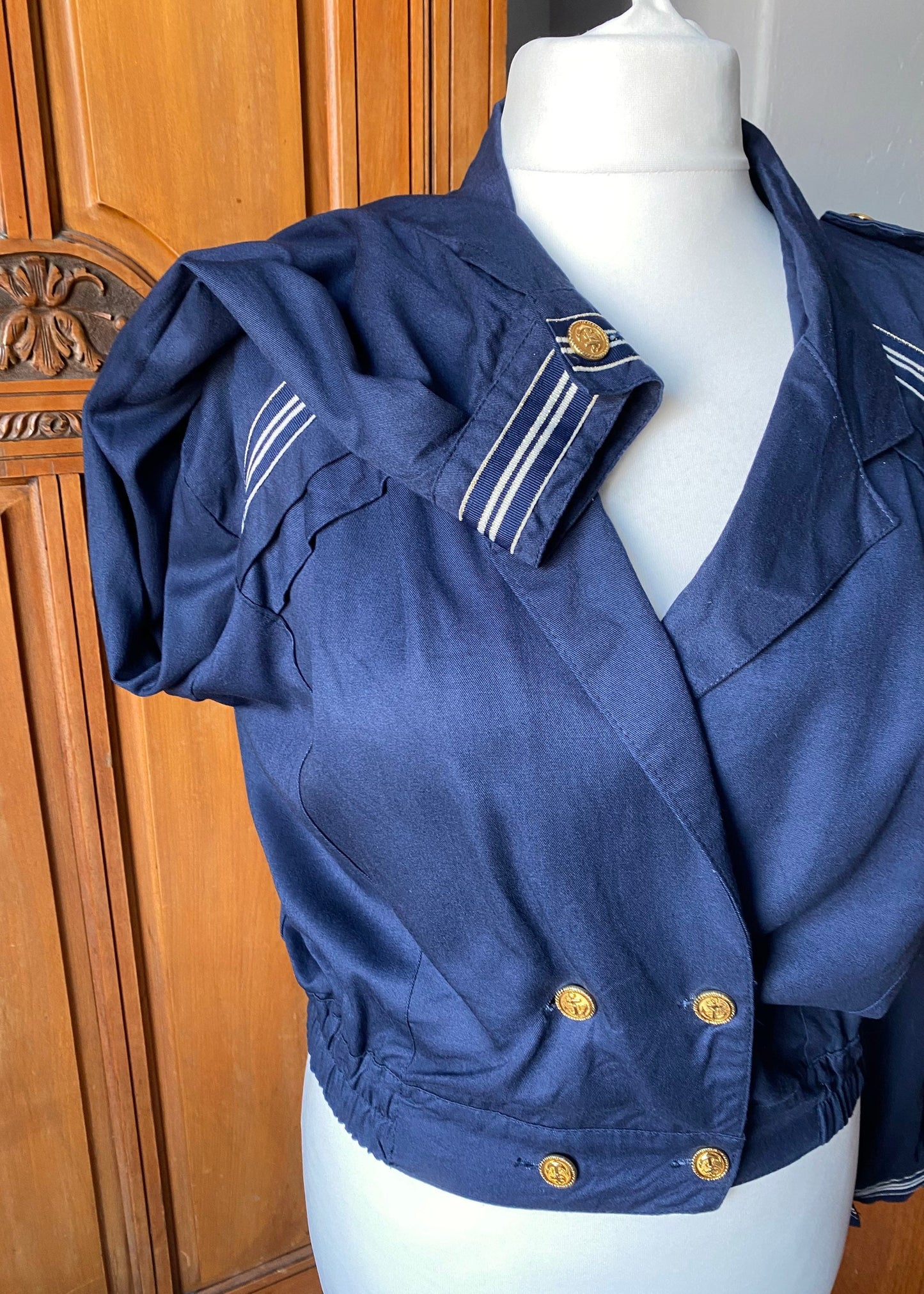 80s blue sailor style jacket with military style detailing. Approx UK size 16-18