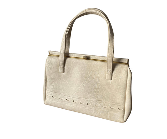 Cream vinyl 60s Kelly bag with top handle strapless and gold clasp 