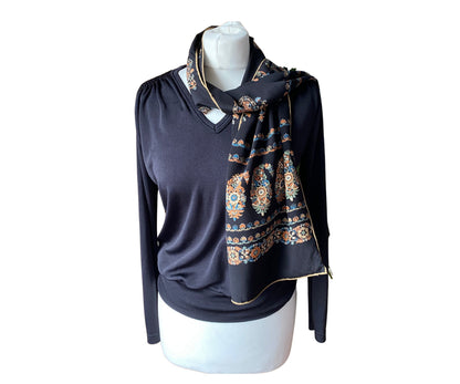 Long vintage black and gold paisley print  scarf with hand rolled edges. Great gift idea