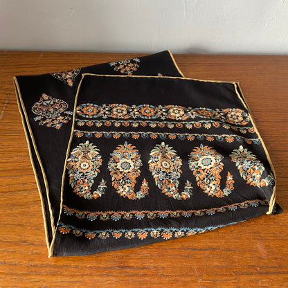 Long vintage black and gold paisley print  scarf with hand rolled edges. Great gift idea