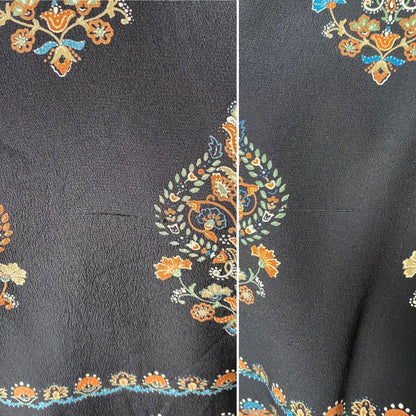 Long vintage black and gold paisley print  scarf with hand rolled edges. Great gift idea