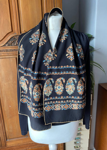 Long vintage black and gold paisley print  scarf with hand rolled edges. Great gift idea
