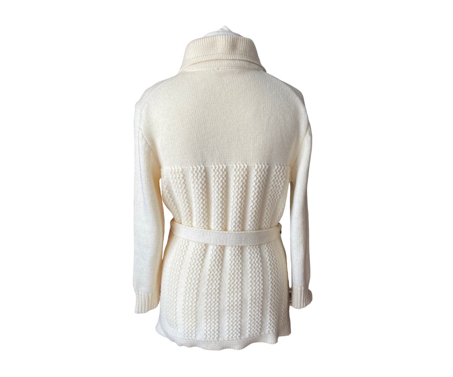 70s cream, shawl collar belted wool/ acrylic cardigan. Approx UK size 12 -16.