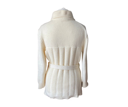 70s cream, shawl collar belted wool/ acrylic cardigan. Approx UK size 12 -16.