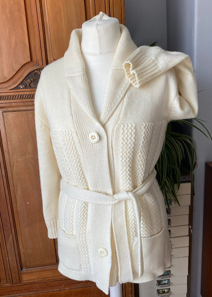 70s cream, shawl collar belted wool/ acrylic cardigan. Approx UK size 12 -16.
