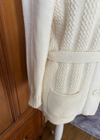 70s cream, shawl collar belted wool/ acrylic cardigan. Approx UK size 12 -16.