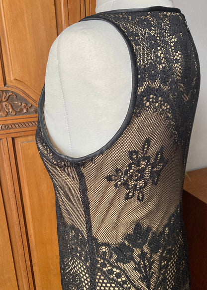 90s black lace dress. Vintage embroidered mesh maxi. Sleeveless, with satin trim and a gold lining. Approx U.K  size 14-16