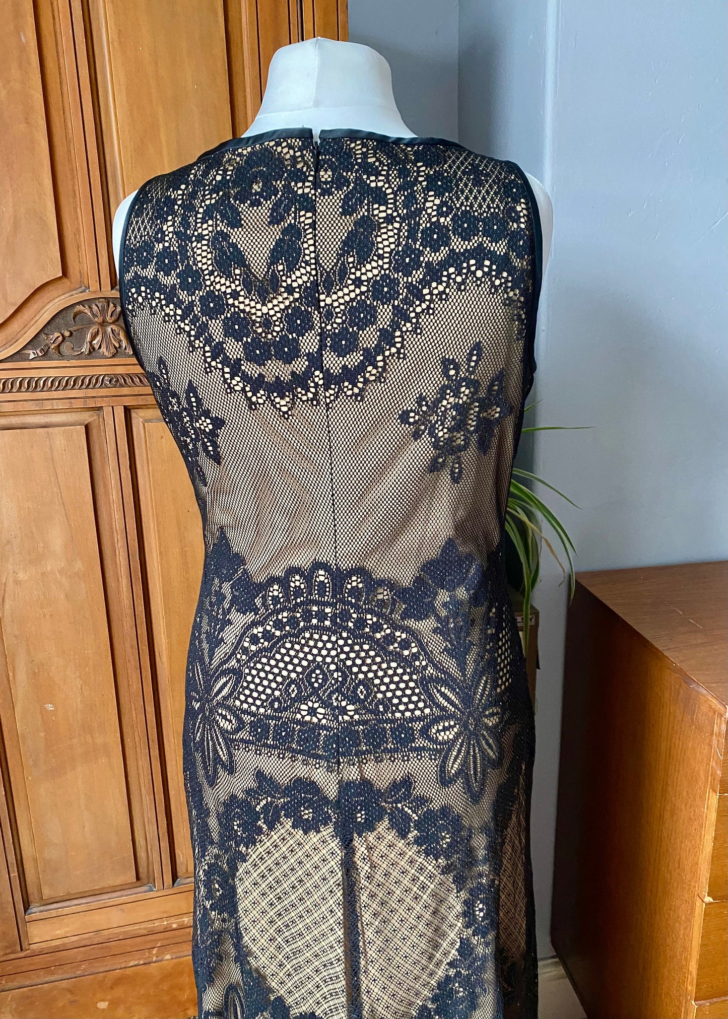 90s black lace dress. Vintage embroidered mesh maxi. Sleeveless, with satin trim and a gold lining. Approx U.K  size 14-16