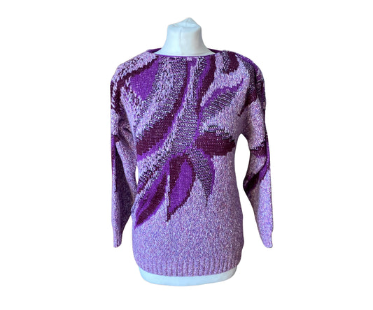 Purple and lilac abstract leaf print long sleeved scoop neck 80s jumper 