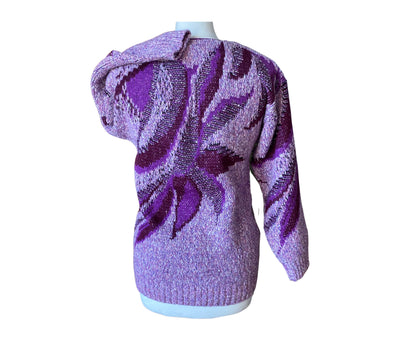 80s lilac and purple abstract print scoop neck jumper. Approx UK size 10-12