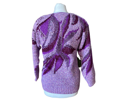 80s lilac and purple abstract print scoop neck jumper. Approx UK size 10-12