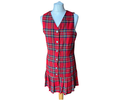 Vintage tartan mini dress. Plaid pinafore with metal buttons and pleated  skirt. 90s Grunge style. Approx UK size 6-8