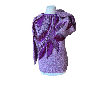 80s lilac and purple abstract print scoop neck jumper. Approx UK size 10-12
