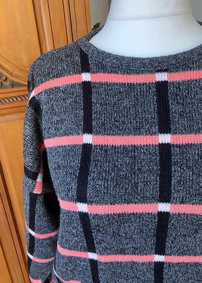 80s grey, pink, white and black geometric print jumper. Approx UK size 16-22 (w) L - XXL (m)