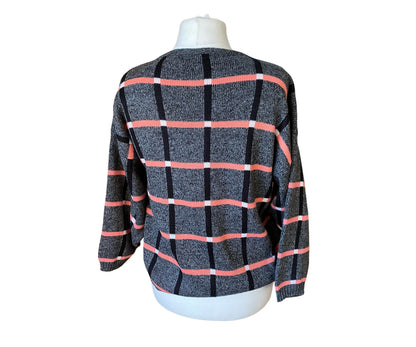 80s grey, pink, white and black geometric print jumper. Approx UK size 16-22 (w) L - XXL (m)