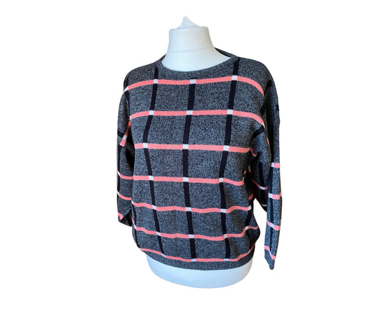 Dark grey jumper with criss cross linear pink and black abstract print 80s jumper 