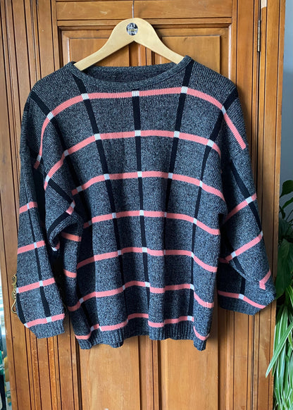 80s grey, pink, white and black geometric print jumper. Approx UK size 16-22 (w) L - XXL (m)
