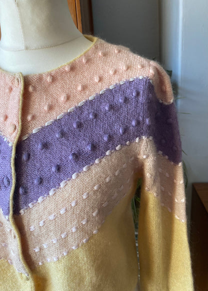 Vintage yellow, pink and lilac cropped mohair cardigan. Approx U.K. size 10-14