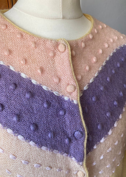 Vintage yellow, pink and lilac cropped mohair cardigan. Approx U.K. size 10-14