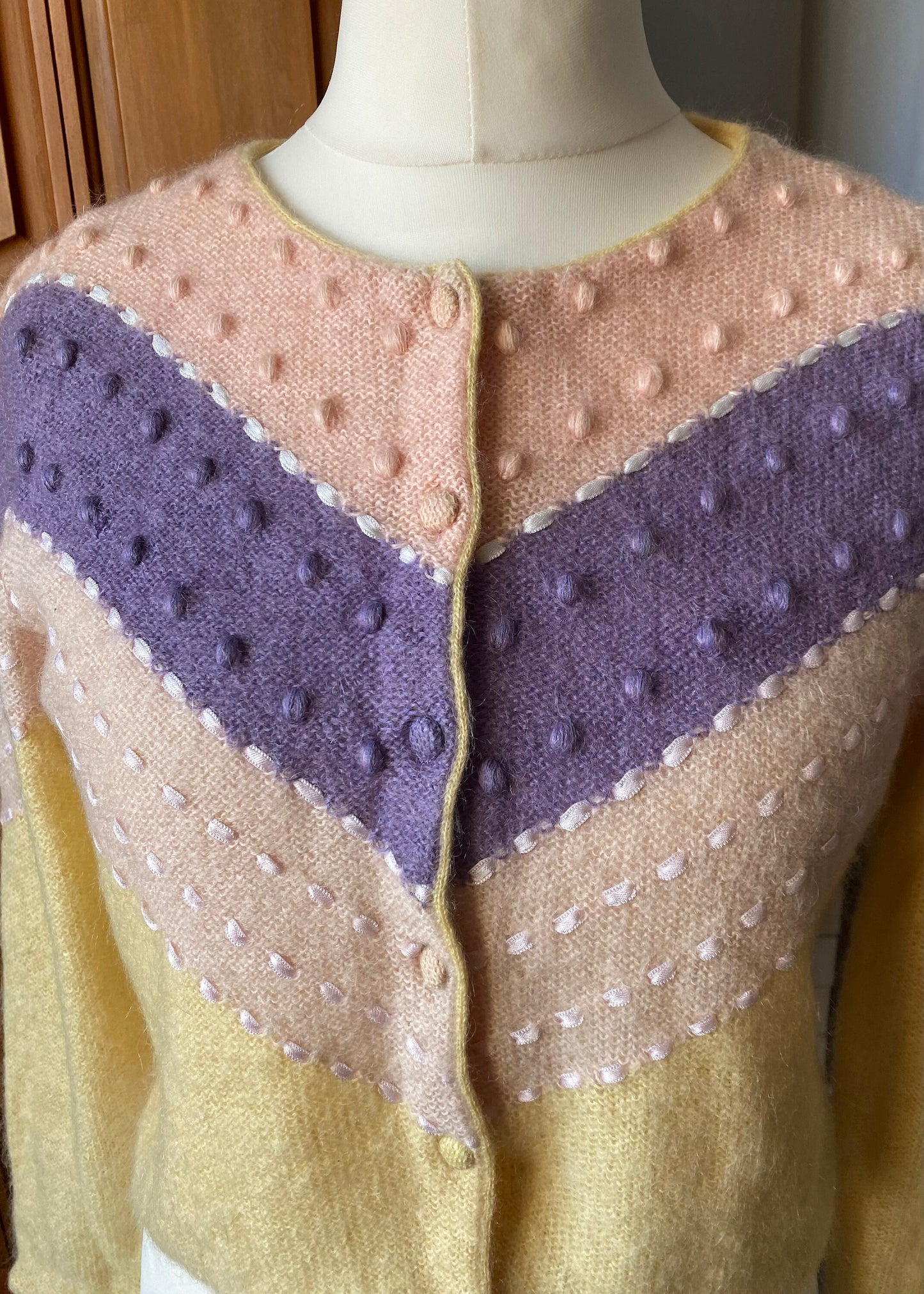 Vintage yellow, pink and lilac cropped mohair cardigan. Approx U.K. size 10-14