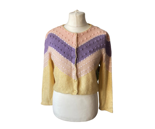Cropped lilac, pink and yellow vintage mohair cardigan with ribbon and textured bobble detail 