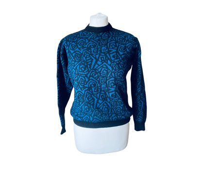 Black and electric blue geometric rose print vintage jumper 