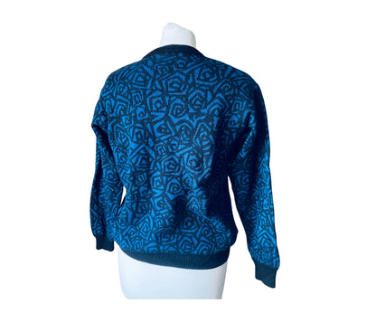 80s blue and black graphic print crew neck jumper. Approx UK size 10-14