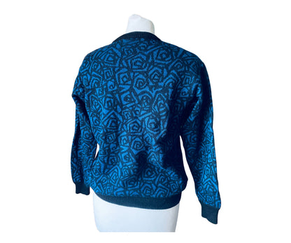 80s blue and black graphic print crew neck jumper. Approx UK size 10-14