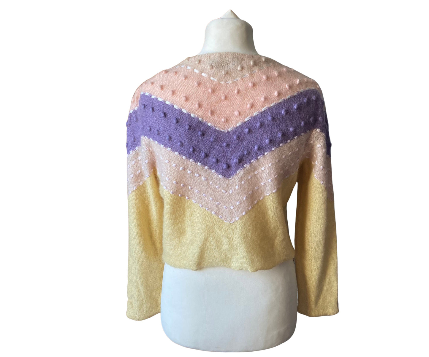 Vintage yellow, pink and lilac cropped mohair cardigan. Approx U.K. size 10-14