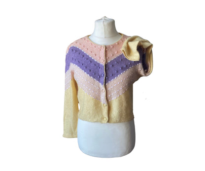 Vintage yellow, pink and lilac cropped mohair cardigan. Approx U.K. size 10-14