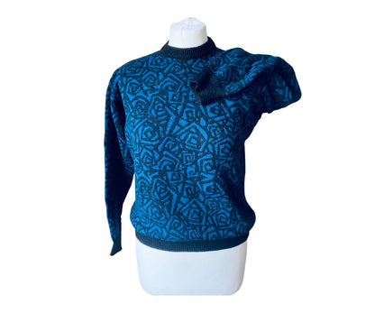 80s blue and black graphic print crew neck jumper. Approx UK size 10-14
