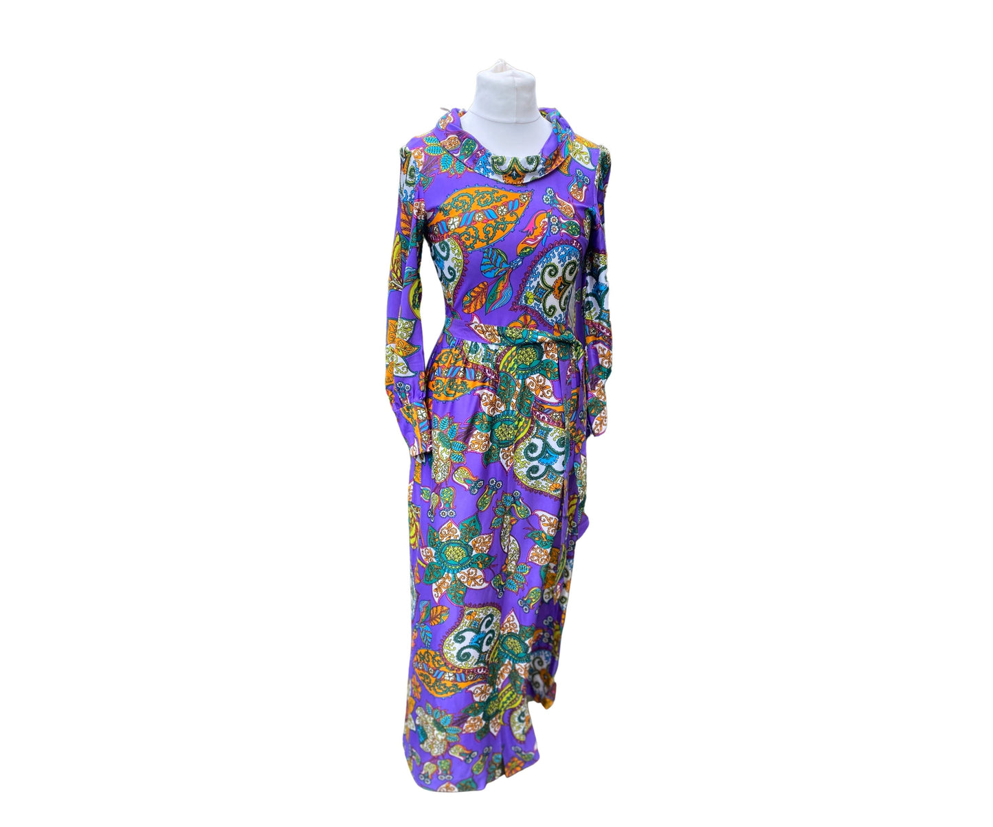 60s /70s purple paisley, long sleeved maxi dress . Approx UK size 10-12