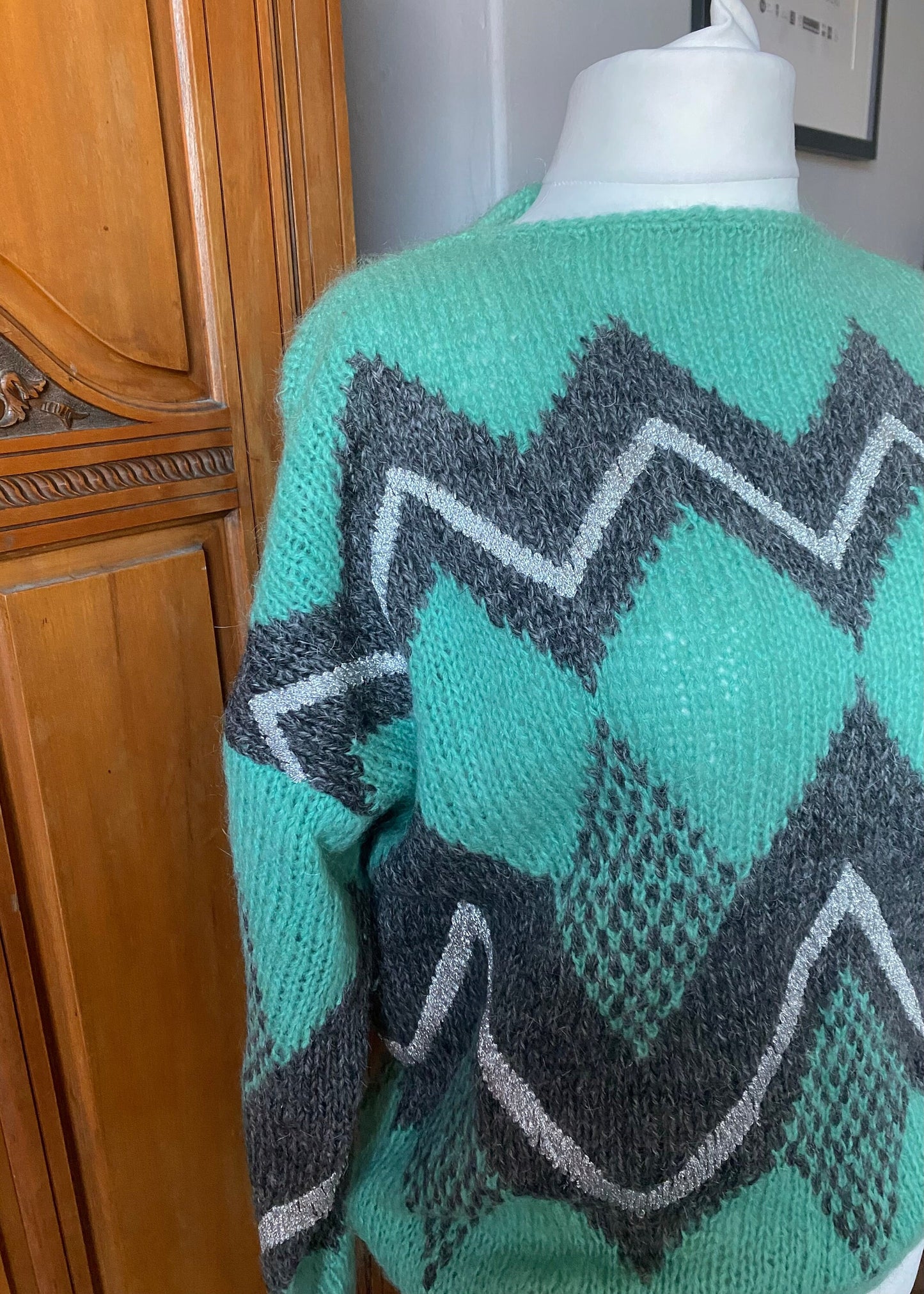 80s green, grey and silver geometric patterned mohair blend jumper . Approx UK size 14-20