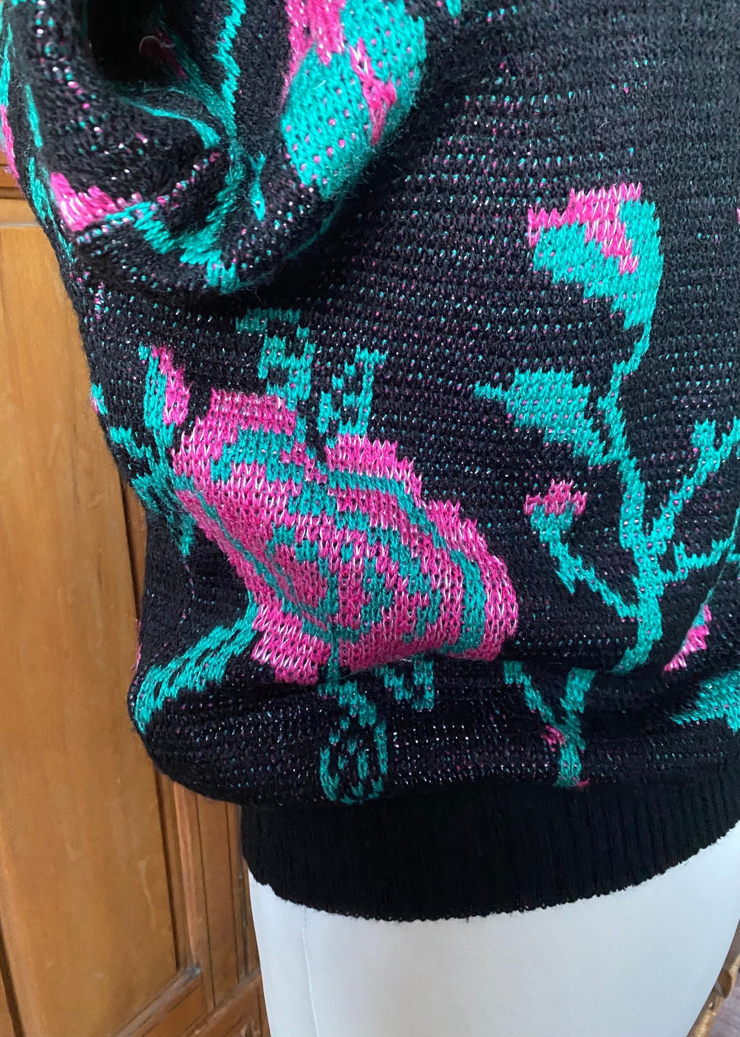 80s black,  pink and green floral crew neck jumper . Approx UK size 14-18