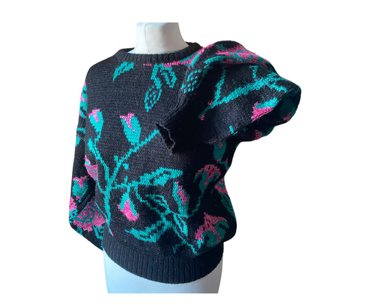 Black 80s Sweater in a green and pink floral print 