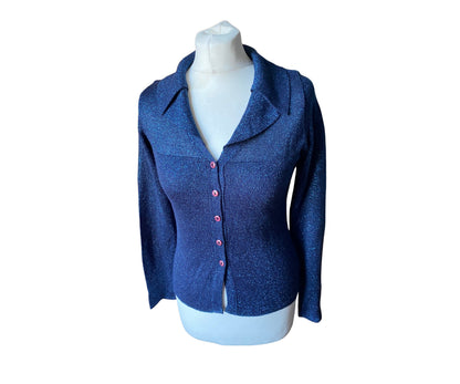 Bright blue open collar sparkly 90s cardigan 