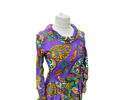 60s /70s purple paisley, long sleeved maxi dress . Approx UK size 10-12