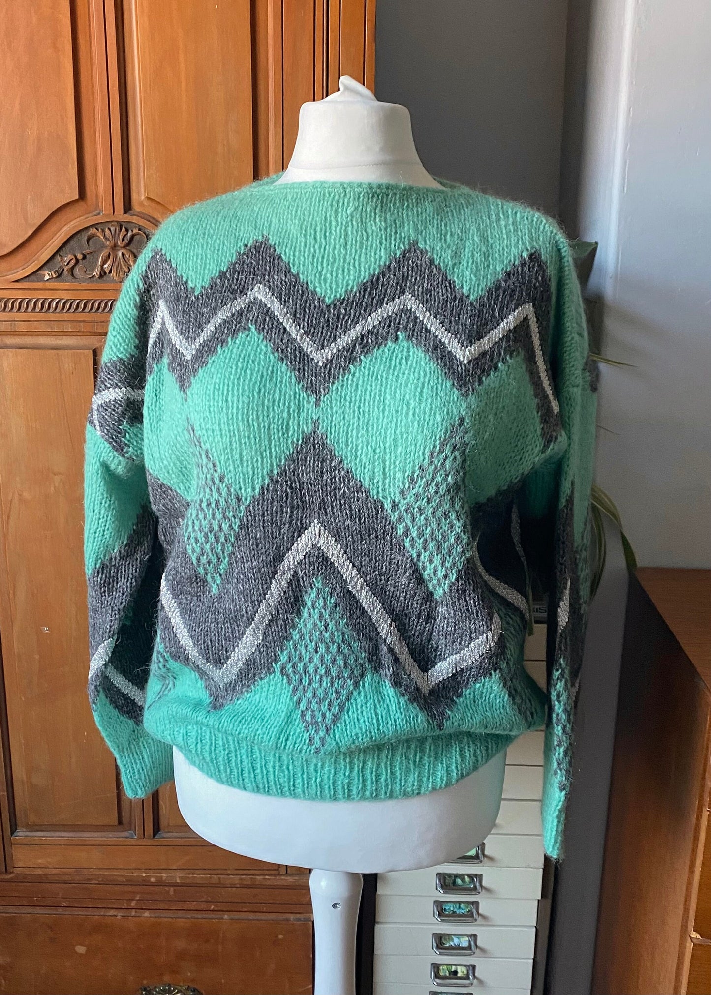 80s green, grey and silver geometric patterned mohair blend jumper . Approx UK size 14-20