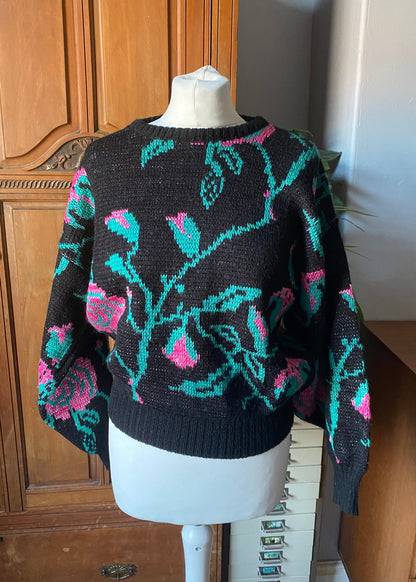 80s black,  pink and green floral crew neck jumper . Approx UK size 14-18