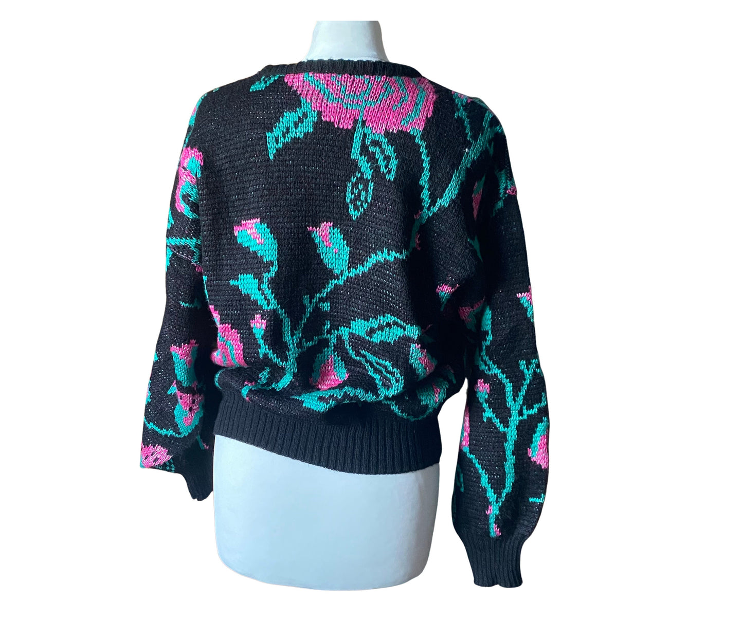 80s black,  pink and green floral crew neck jumper . Approx UK size 14-18