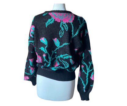 80s black,  pink and green floral crew neck jumper . Approx UK size 14-18