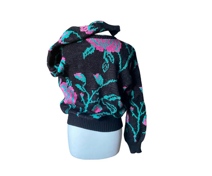 80s black,  pink and green floral crew neck jumper . Approx UK size 14-18