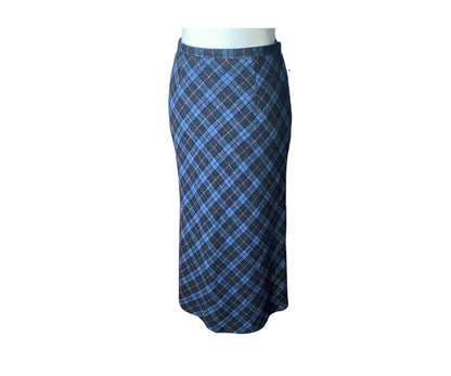 90s blue tartan/ plaid wool blend fully lined maxi skirt. Approx  U.K. size 12-14