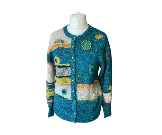 Green/ blue vintage cardigan with orange and yellow and gold beading and buttons 