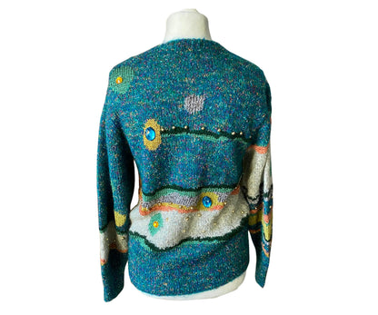 Vintage multi coloured and textured embellished cardigan. Approx U.K. size 10-16